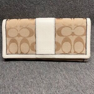Coach Signature Canvas Trifold Wallet Beige White Leather Snap Closure